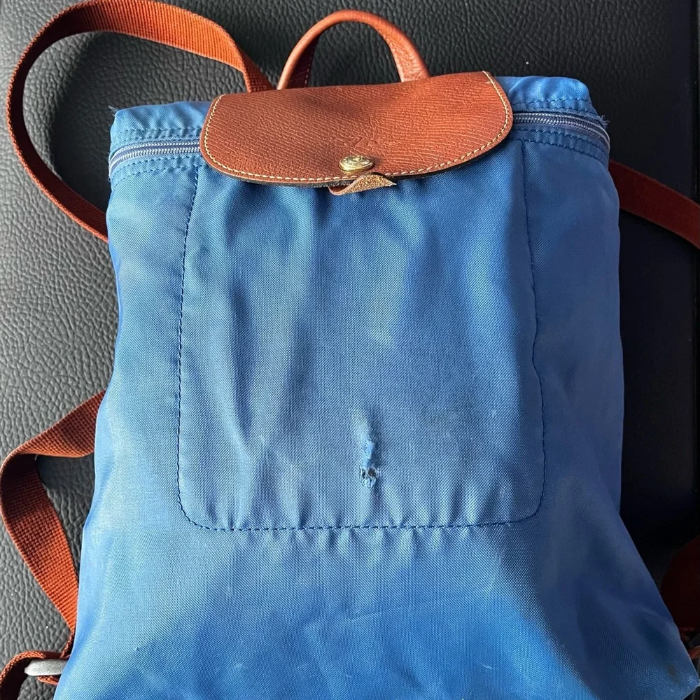 Longchamp Blue Brown Nylon Leather Mini Backpack - AS IS